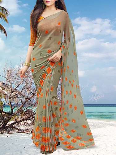 Olive Printed Saree With Blouse